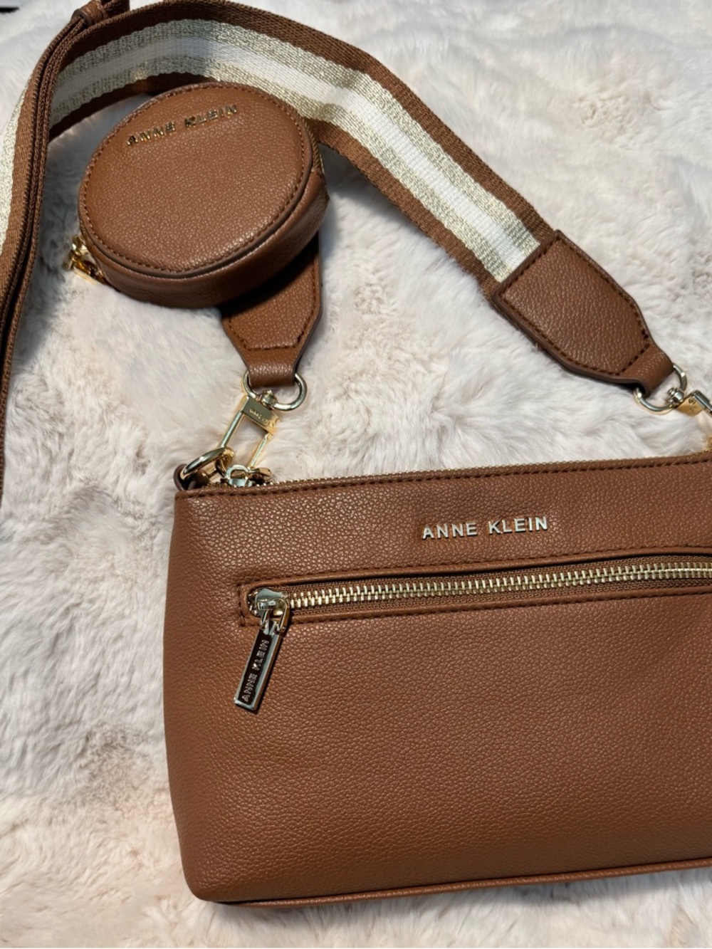 Anne Klein Tan Pebbled Crossbody with Striped Strap and Coin Pouch